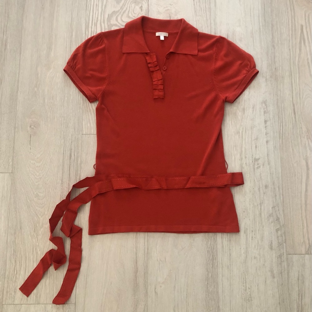 Solar Buttoned Belted Short Sleeve Silk Knit Blouse